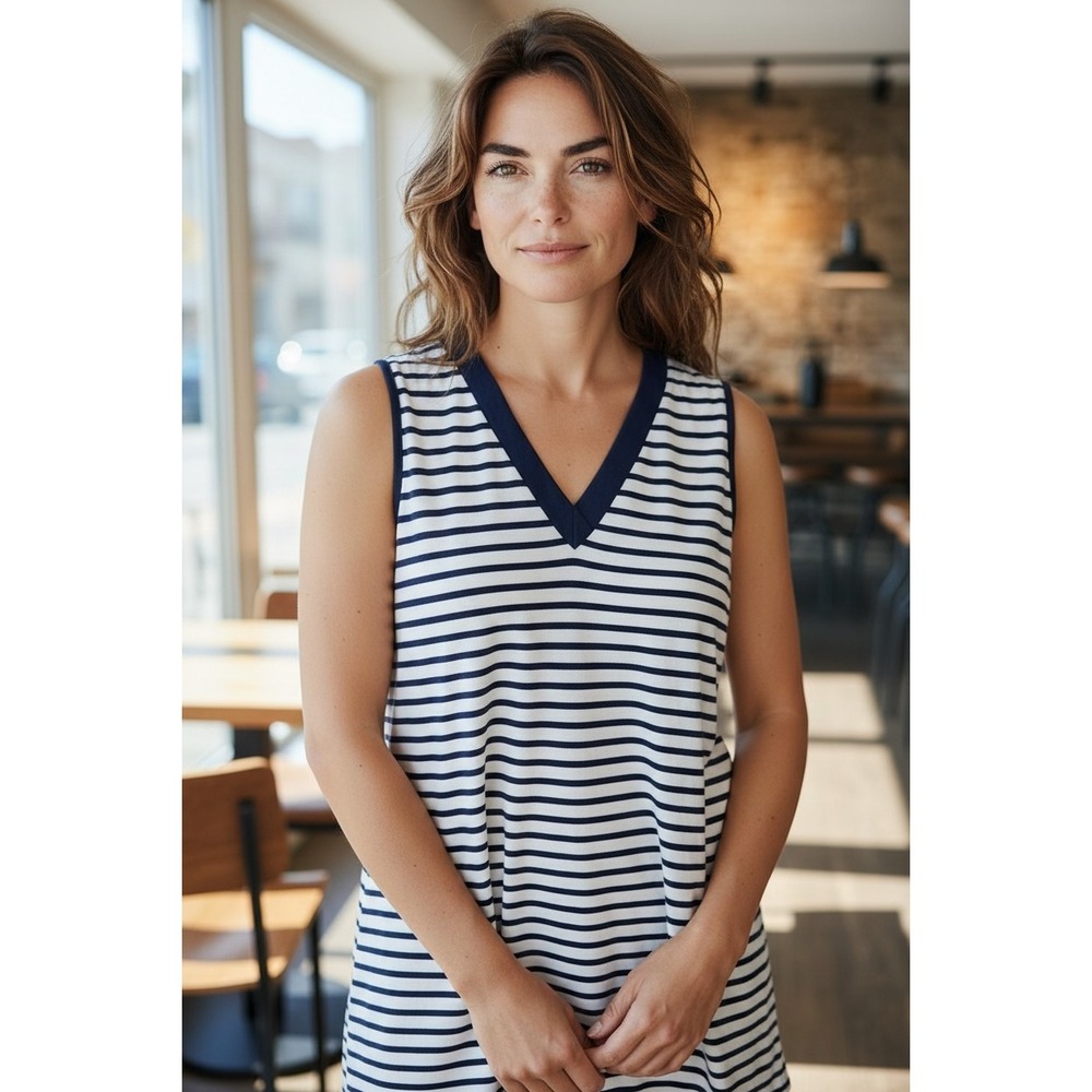 Lands End Womens 2X Navy Blue White Striped Sleeveless V-Neck Cotton Top RN62830